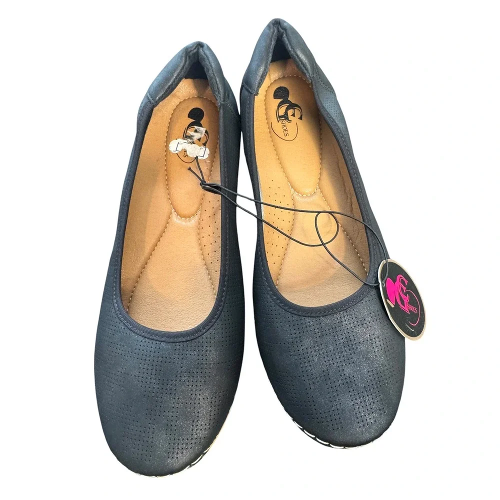 CG Shoes Womens Black Perforated Metallic Comfort Ballet Flats Size 10W